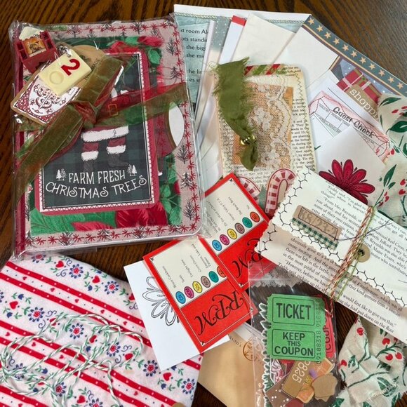 Christmas Junk Journal Includes Charm u Washi  Fabric Wrap Tons Ephemera Handmad - Picture 8 of 16